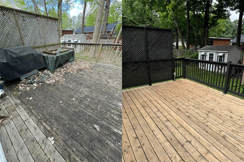 A wood deck before preparation on the left and after deck care on the right.