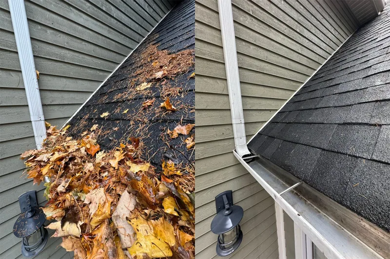 The same gutter before cleaning on the left and after debris removal on the right.