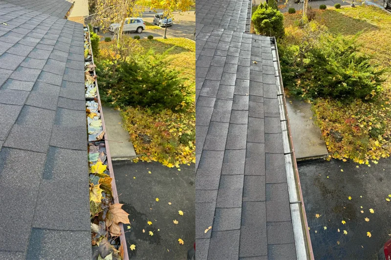 A roof-edge gutter before cleaning on the left and after cleaning on the right.
