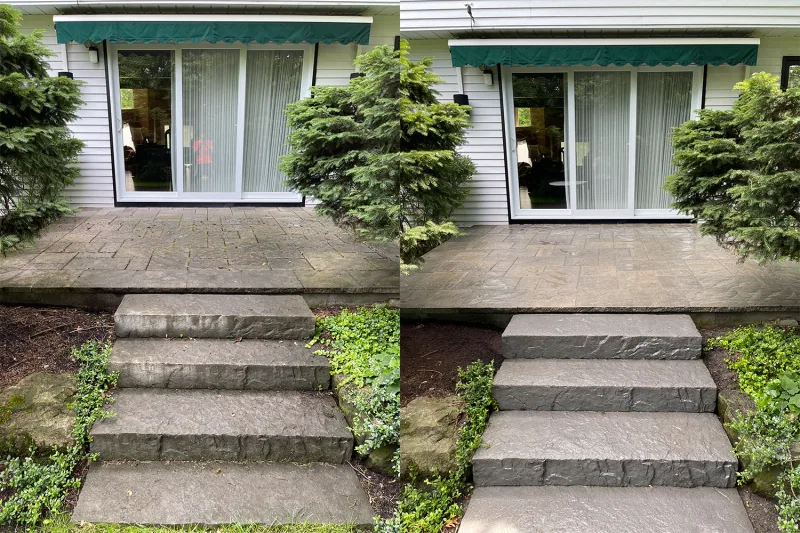 Exterior steps and the front of a home before washing on the left and after washing on the right.