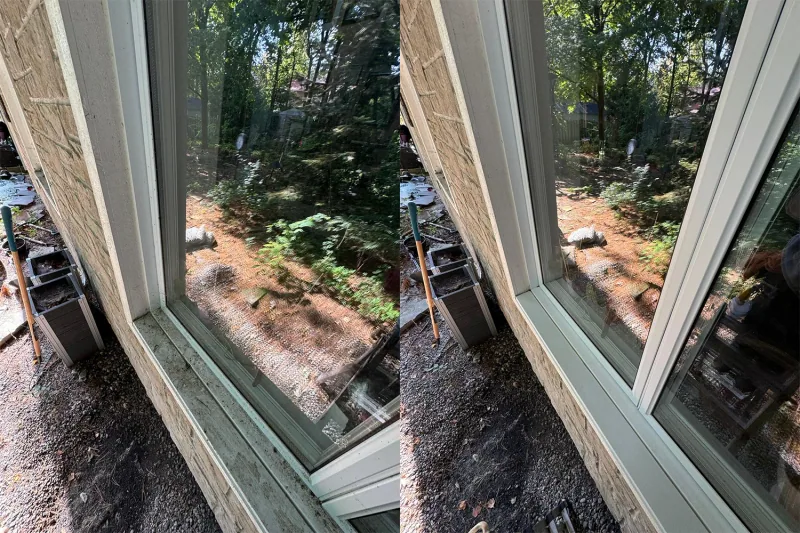 Window track and frame before cleaning on the left and after cleaning on the right.