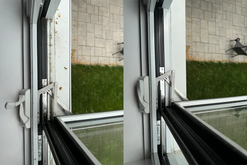 An open window frame before cleaning on the left and after cleaning on the right.
