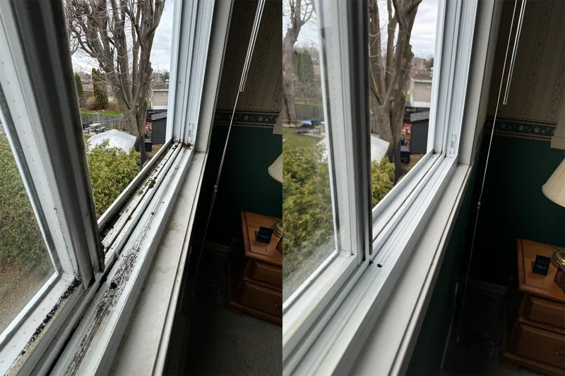 Window track before cleaning on the left and after cleaning on the right.
