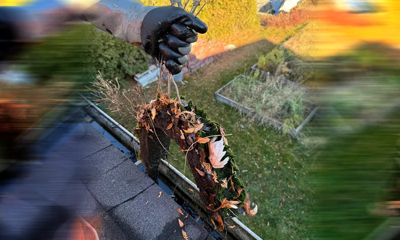 A technician removing debris from a gutter at a residential property.
