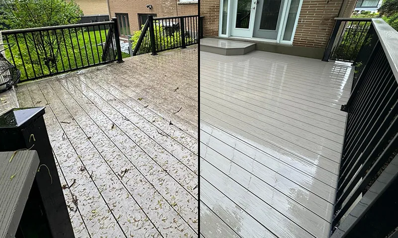 Composite decking before cleaning on the left and after cleaning on the right.