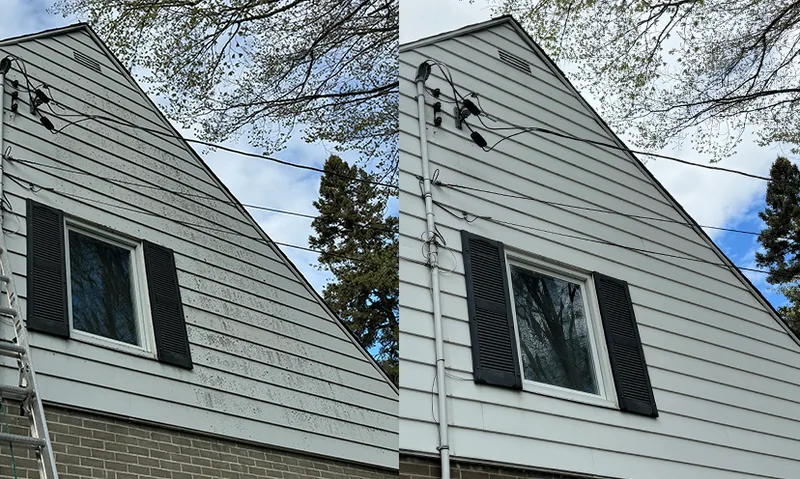 House siding before washing on the left and after washing on the right.