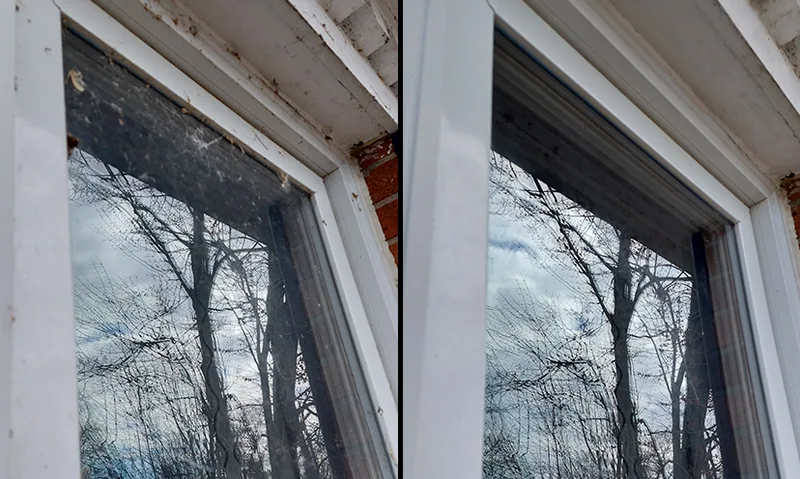 Exterior window frame before cleaning on the left and after cleaning on the right.